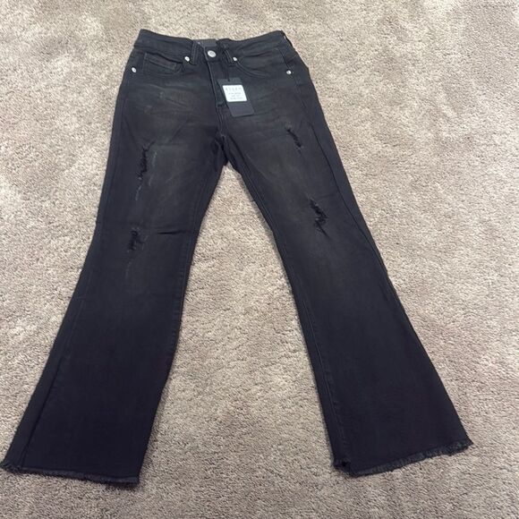 Black Flare Wide Leg Jeans with Distressing super stretchy risen brand - Picture 1 of 7